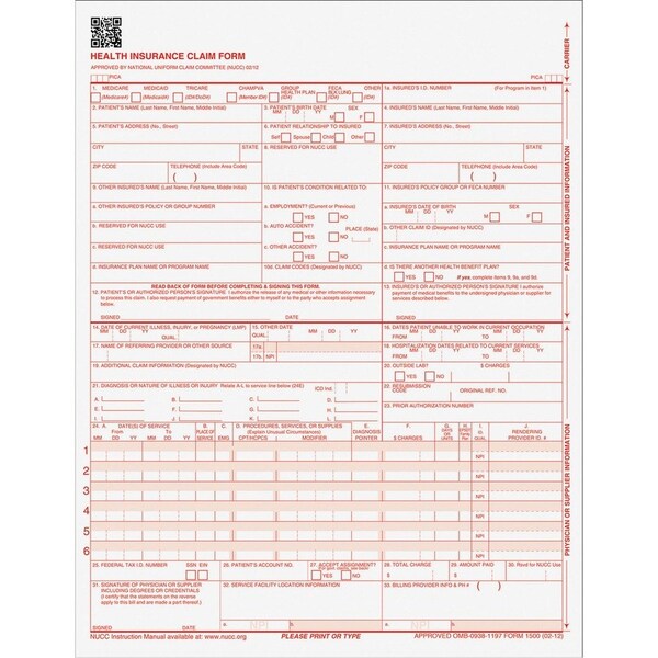 Tops Laser Printer Claim Forms, CMS-1500, 1-Part, 9-1/2"x11", 500/PK 500PK TOP50126RV - main